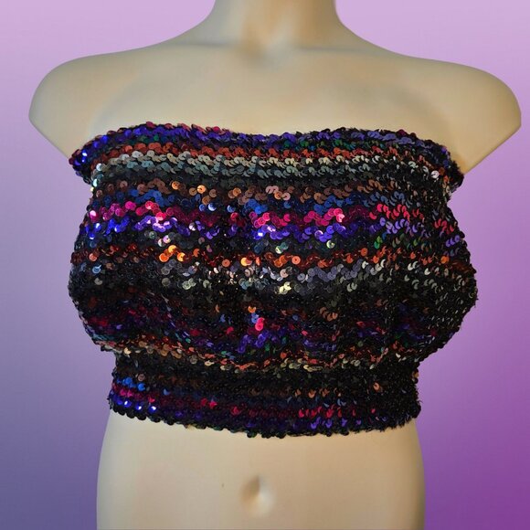 Vintage 70s Disco Sequin Tube Top Size XL Strapless Cropped Jewel Tone Rainbow - Picture 1 of 8